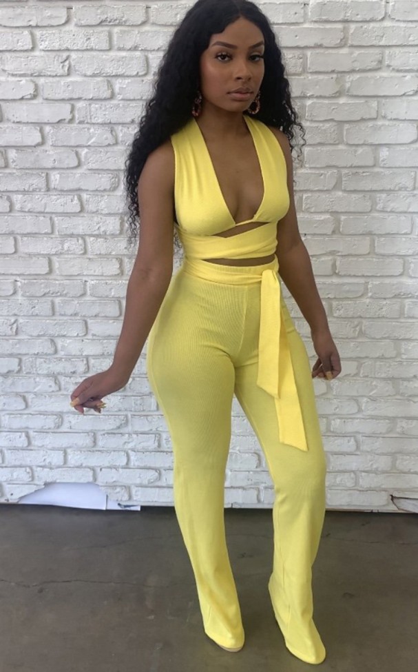 Yellow Sexy Multiway Crop Top and Pants 2pcs Set