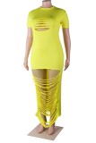 Plus Size Yellow Sexy Ripped Bodycon Maxi Dress