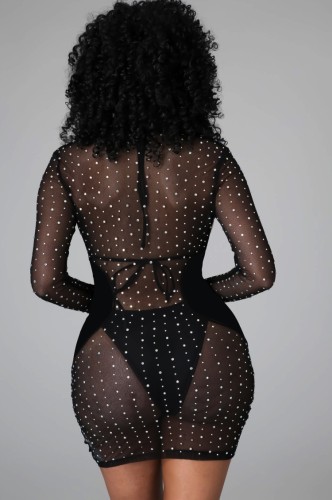 Black Sexy Set Through Mesh Rhinestone Cut Out Dress 3PCS