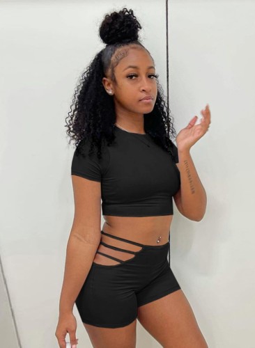 Black  Sexy Crop Tee and Cut Out Shorts Two Pieces