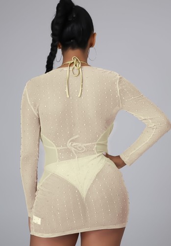 Beige Sexy Set Through Mesh Rhinestone Cut Out Dress 3PCS