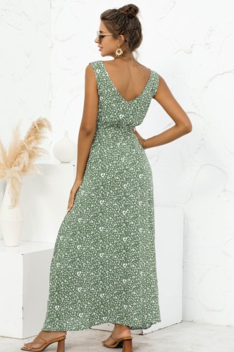 Print Green Sleeveless V-Back Maxi Dress