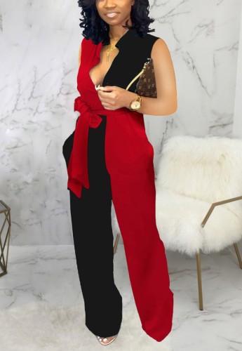 Black and Red Sleeveless Tie Waist Jumpsuit