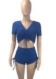 Sexy Blue Textured Drawstrings Crop Top and Shorts Two Pieces