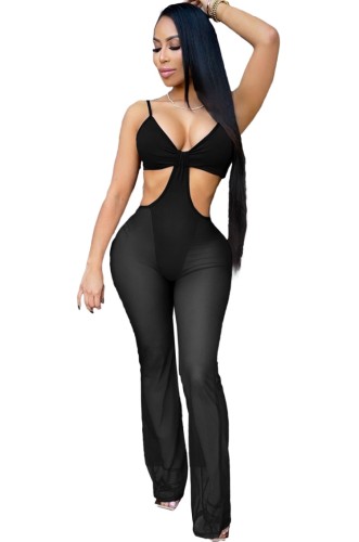 Black Sexy Cut Out Mesh Splicing Cami Jumpsuit