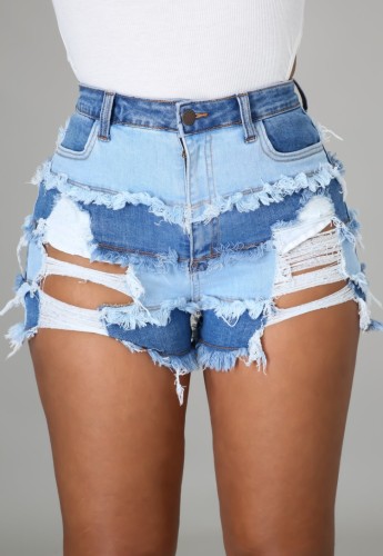 Contrast High Waisted Ripped Fringe Denim Shorts