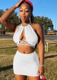 Sexy White Halter Crop Top and Drawstings Mini Skirt Set