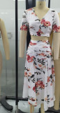 Floral White Crop Top and Slit Long Skirt Set