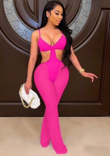 Hot Pink Sexy Cut Out Mesh Splicing Cami Jumpsuit