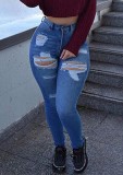 Trendy Fitted Blue High Waist Ripped Jeans