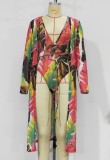 Sexy Leaf Print Colorful One Piece Swimsuit with  Cover Up