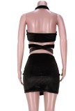 Black Sexy Wrap Halter Tie Crop Top and Mini Skirt Set