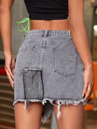 Dark Grey Ripped Irregular Short Denim Skirt