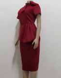 Burgundy Short Sleeve Bow Tie Neck Peplum Dress