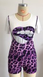 Mouth Print Tee and Tight Suspender Shorts Set