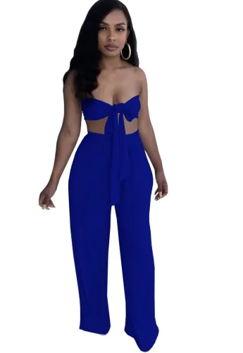 Blue Sexy Bandeau Top and Wide Leg Pants 2PCS Set