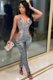 Sexy Cut Out Gray Shiny Halter Ruched Jumpsuit