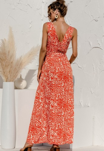 Print Orange Sleeveless V-Back Maxi Dress