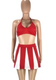 Sports Red Halter Bra and Contrast Skater Skirt Set