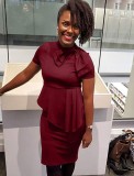 Burgundy Short Sleeve Bow Tie Neck Peplum Dress