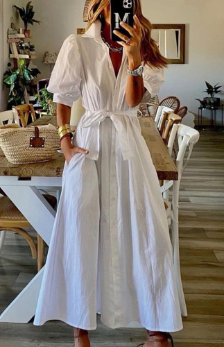 White Puff Sleeve Long Shirt Dress