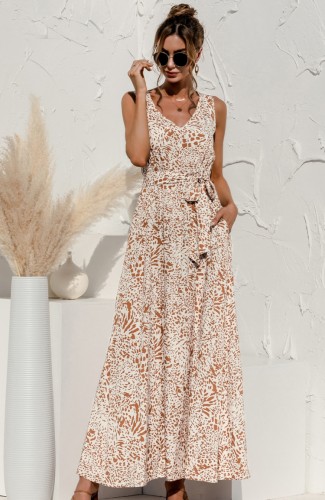 Print Beige Sleeveless V-Back Maxi Dress