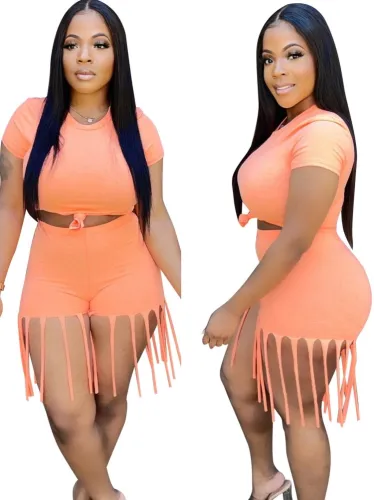 Orange Sexy Crop Top and Fringe Shorts 2PCS Set