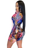 Print Graffiti Lace-Up Long Sleeve Bodycon Mini Dress