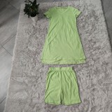 Green Side Slit Long Top and Biker Shorts Leisure Two Pieces