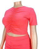 Plus Size Pink Sexy Ruched Crop Top and Midi Skirt 2PCS Set