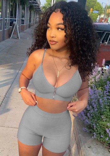 Grey Sexy Cami Crop Top and Biker Shorts Two Piece Set