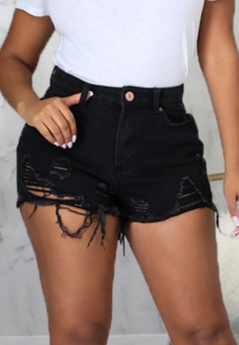 Trendy Fitted Black Ripped Denim Shorts