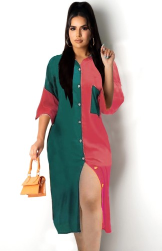 Casual Color Block 3/4 Sleeve Shirt Dress