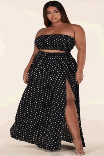 Plus Size Dotted Black Bandeau Top and Slit Long Skirt Set