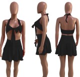Black Sexy Tie Front Halter Bra and Pleated Skirt Set