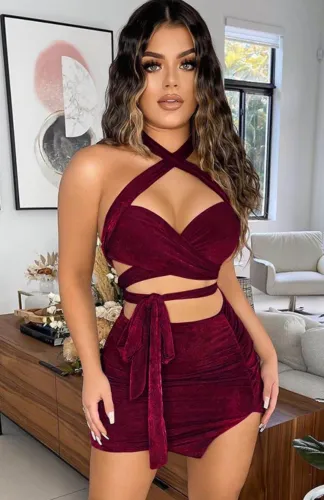 Burgunry Sexy Wrap Halter Tie Crop Top and Mini Skirt Set