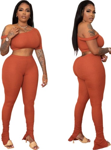 Orange Sexy Asymmetric Crop Top and Pants Bodycon 2pcs Set