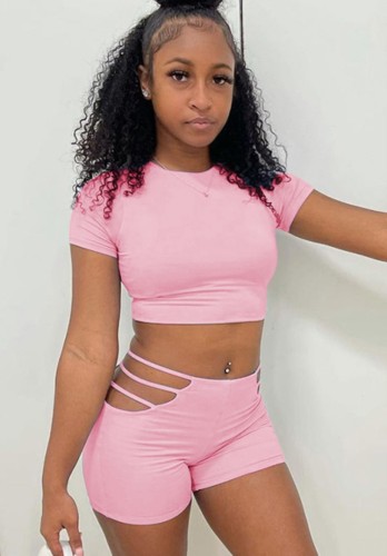 Pink  Sexy Crop Tee and Cut Out Shorts Two Pieces