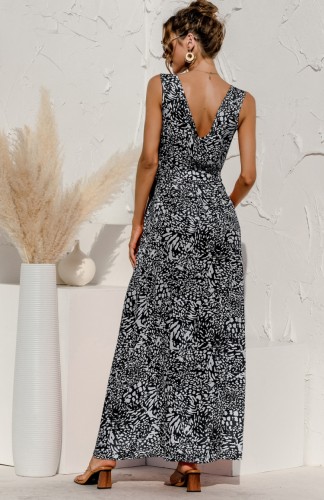 Print Black Sleeveless V-Back Maxi Dress