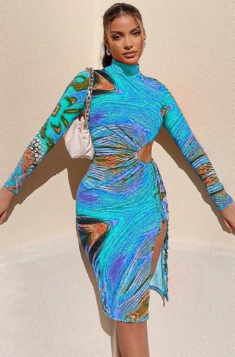 Sexy Print Long Sleeve Cutout Waist Slit Midi Dress