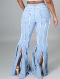 High Waist Light Blue Fringe Slit Bottom Flare Jeans