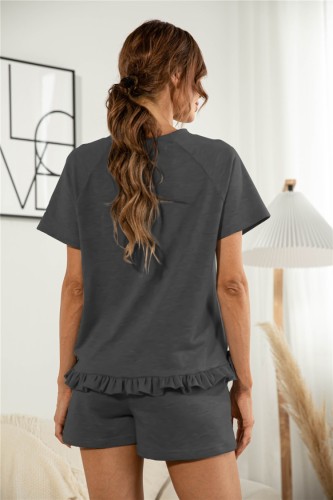 Black Short Sleeve Tee and Frilled Shorts Two Pieces