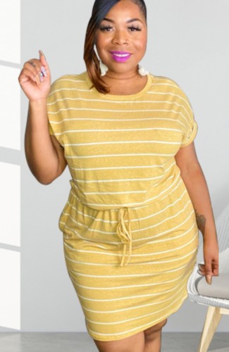 Plus Size Yellow Stripes Drawstrings T-shirt Dress