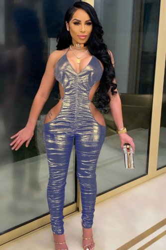 Sexy Cut Out Blue Shiny Halter Ruched Jumpsuit