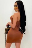 Brown Cut Out Sexy Strapless Mini Bodycon Dress