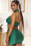 Sexy Green Halter Neck Crop Top and Mini Skirt Set