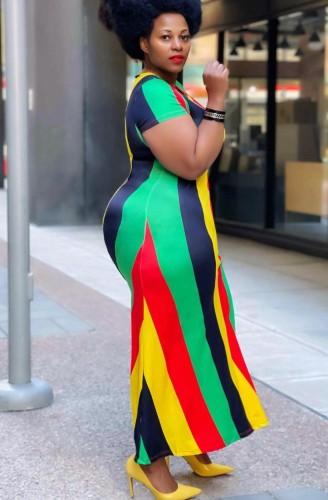 Plus Size Multicolor Striped Sexy Slit Long Dress