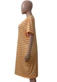 Plus Size V Neck Yellow Striped T-Shirt Dress