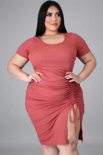 Plus Size Pink Slit Drawstring Short Sleeve Bodycon Dress