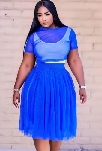 Blue 3PCS Mesh Crop Top and Skirt with Bodysuit